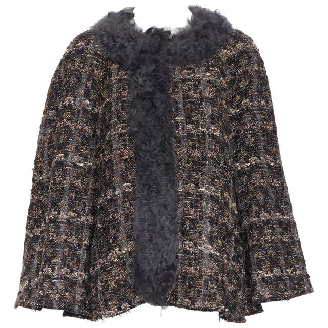 DOLCE GABBANA brown black wool tweed shearling fur trimmed cape poncho ...