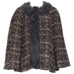 DOLCE GABBANA brown black wool tweed shearling fur trimmed cape poncho jacket XS