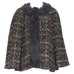 DOLCE GABBANA brown black wool tweed shearling fur trimmed cape poncho jacket XS