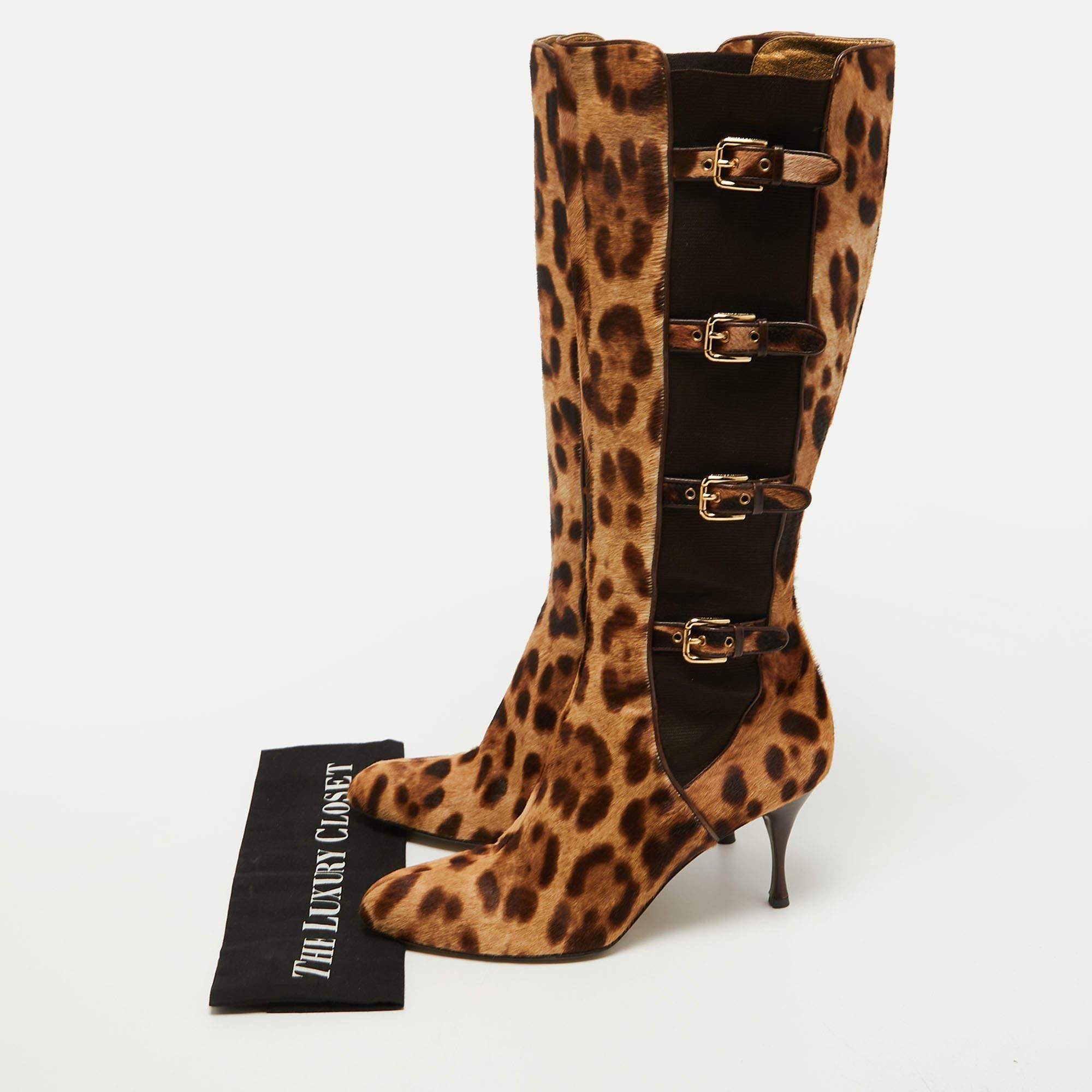 Dolce & Gabbana Brown/Brown Leopard Print Calf Hair Knee Length Boots Size 41 For Sale 6