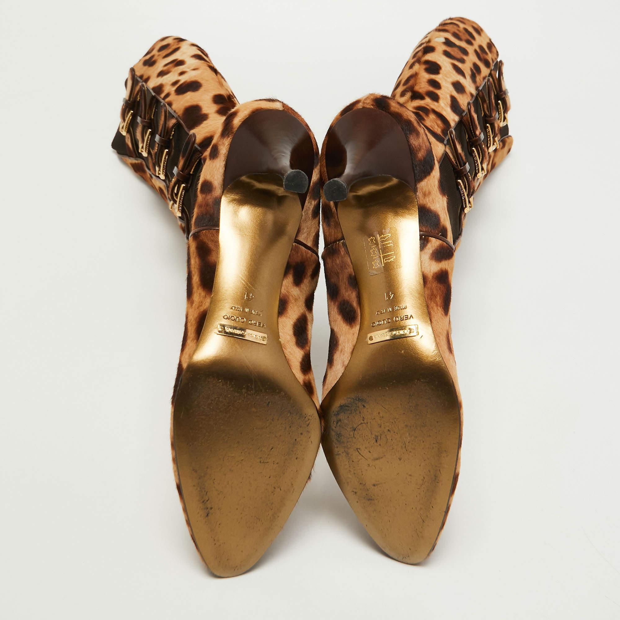 Dolce & Gabbana Brown/Brown Leopard Print Calf Hair Knee Length Boots Size 41 For Sale 1