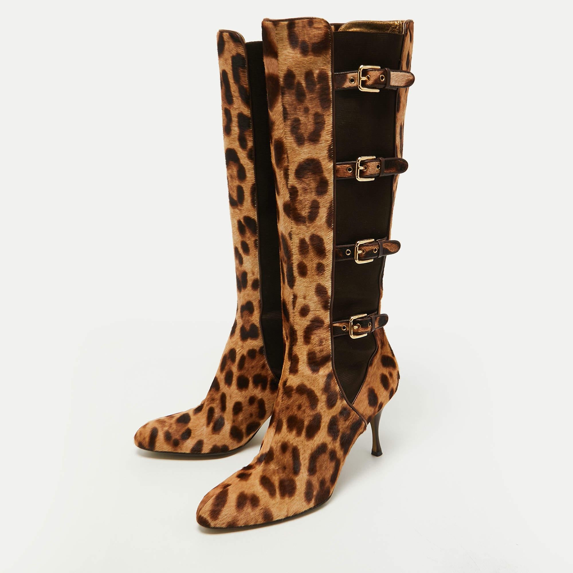 Dolce & Gabbana Brown/Brown Leopard Print Calf Hair Knee Length Boots Size 41 For Sale 5