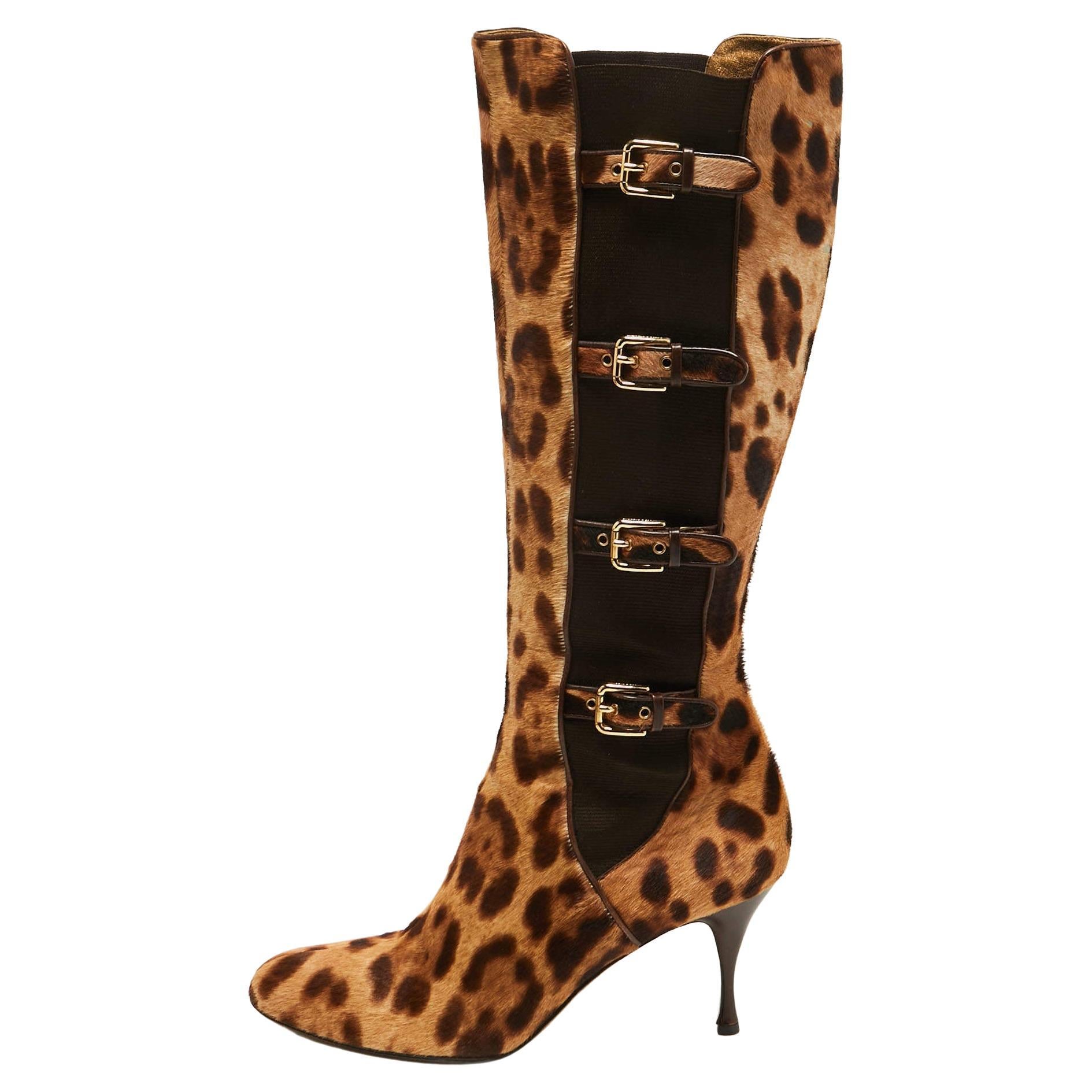 Dolce & Gabbana Brown/Brown Leopard Print Calf Hair Knee Length Boots Size 41 For Sale