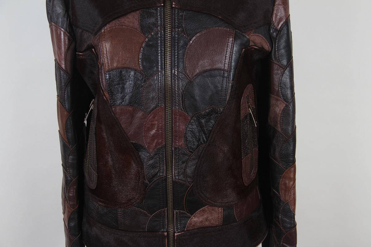 Dolce & Gabbana  Brown Calfskin Circular Patchwork Leather Zip Front Jacket For Sale 6