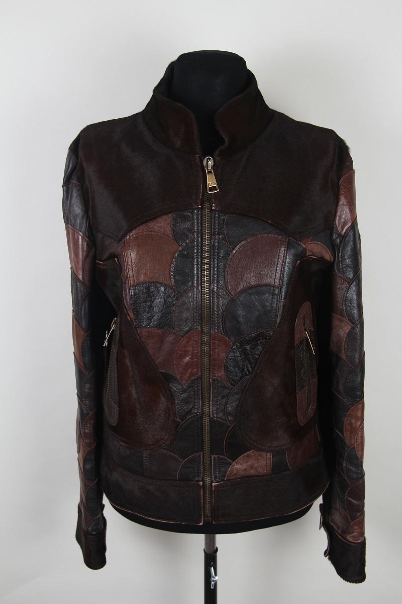 Women's or Men's Dolce & Gabbana  Brown Calfskin Circular Patchwork Leather Zip Front Jacket For Sale