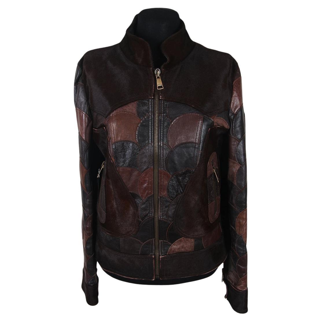 Dolce & Gabbana  Brown Calfskin Circular Patchwork Leather Zip Front Jacket For Sale