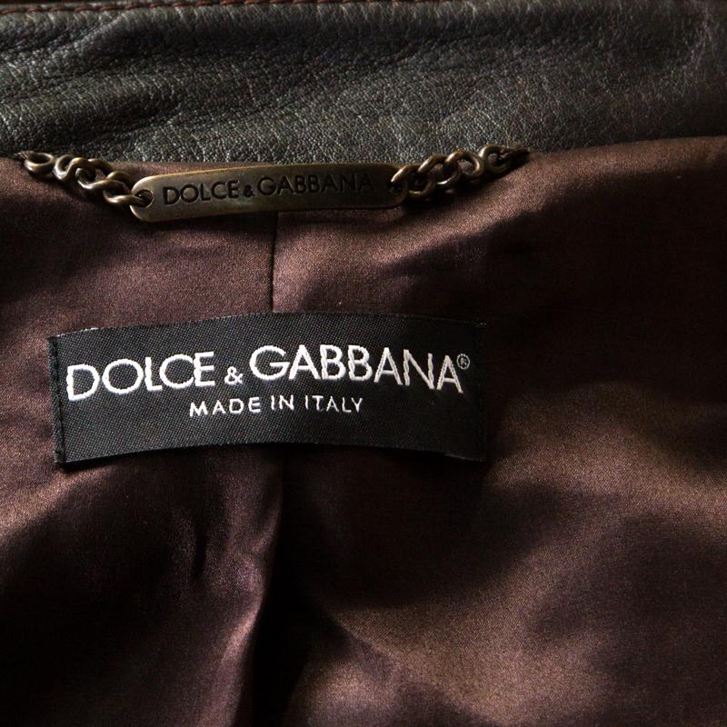 Black Dolce & Gabbana Brown Calfskin Circular Patchwork Leather Zip Front Jacket M