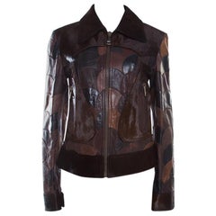 Dolce & Gabbana Brown Calfskin Circular Patchwork Leather Zip Front Jacket M