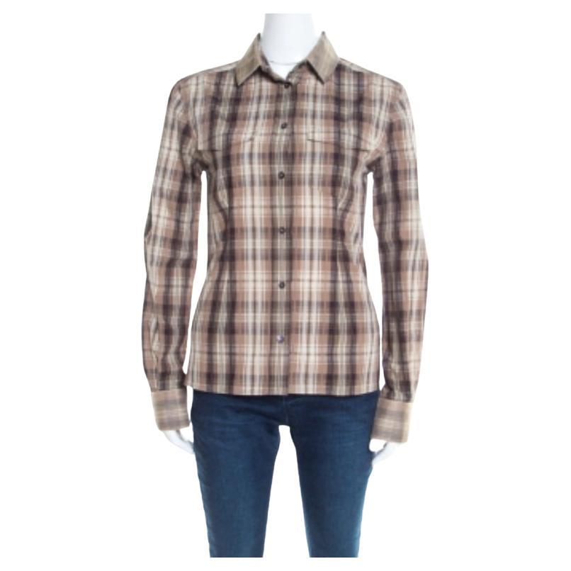 Dolce & Gabbana - Camicia marrone a quadri in cotone con bordi in organza S