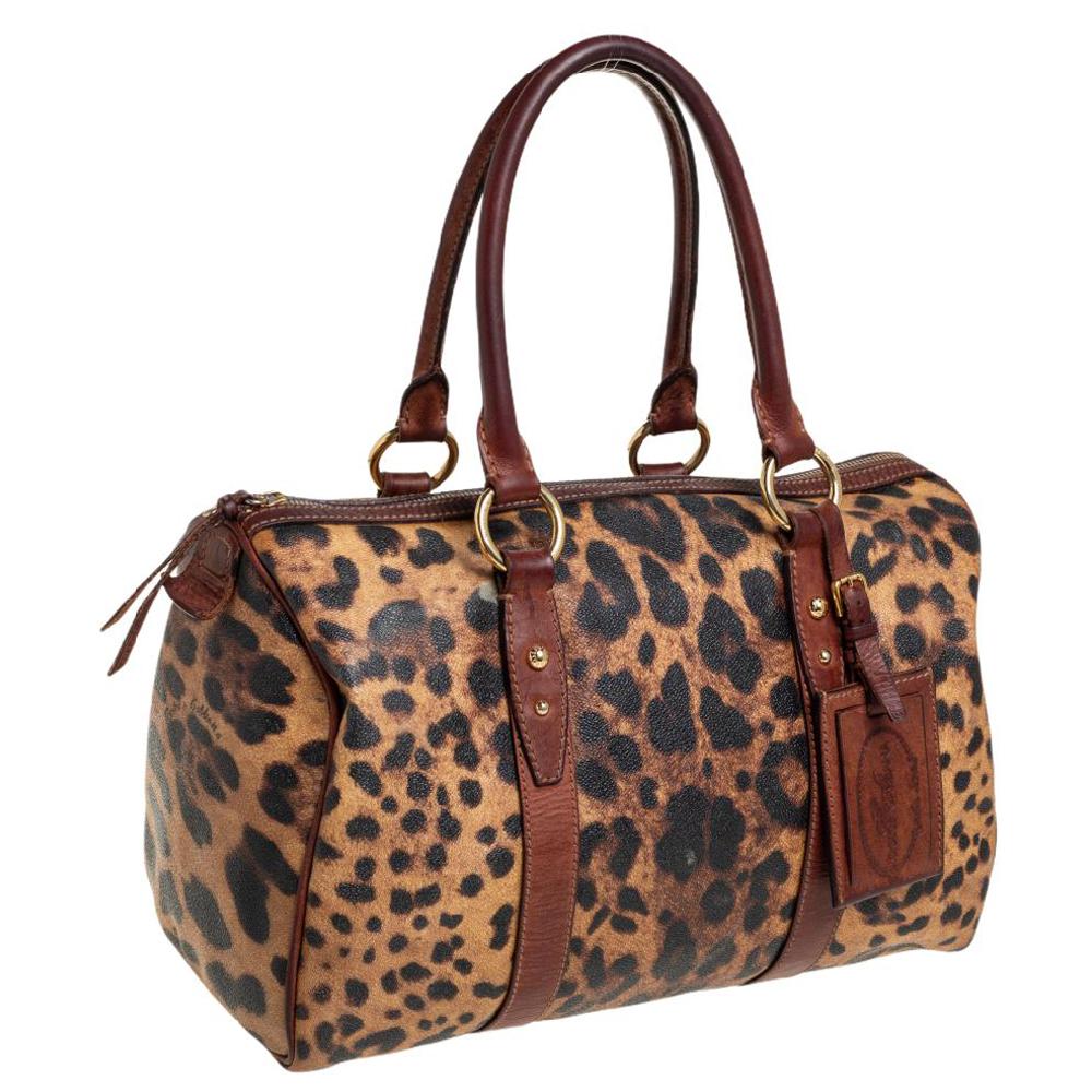 Dolce & Gabbana Brown Coated Canvas And Leather Boston Bag In Good Condition In Dubai, Al Qouz 2