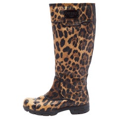 Dolce & Gabbana Brown Coated Canvas Leopard Print Knielange Stiefel Größe 36