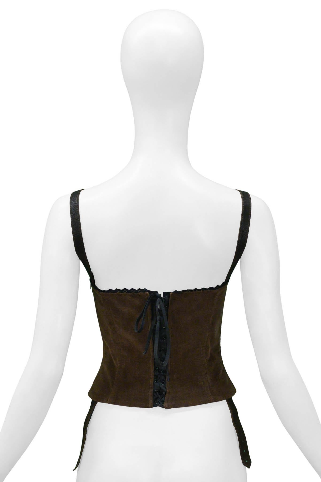 Dolce & Gabbana Brown Corduroy Corset Top With Floral Embroidery & Beading In Excellent Condition In Los Angeles, CA