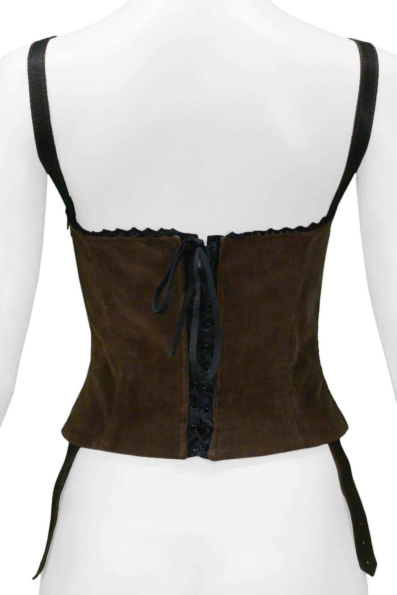 Women's Dolce & Gabbana Brown Corduroy Corset Top With Floral Embroidery & Beading