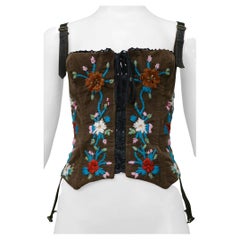 Dolce & Gabbana Brown Corduroy Corset Top With Floral Embroidery & Beading