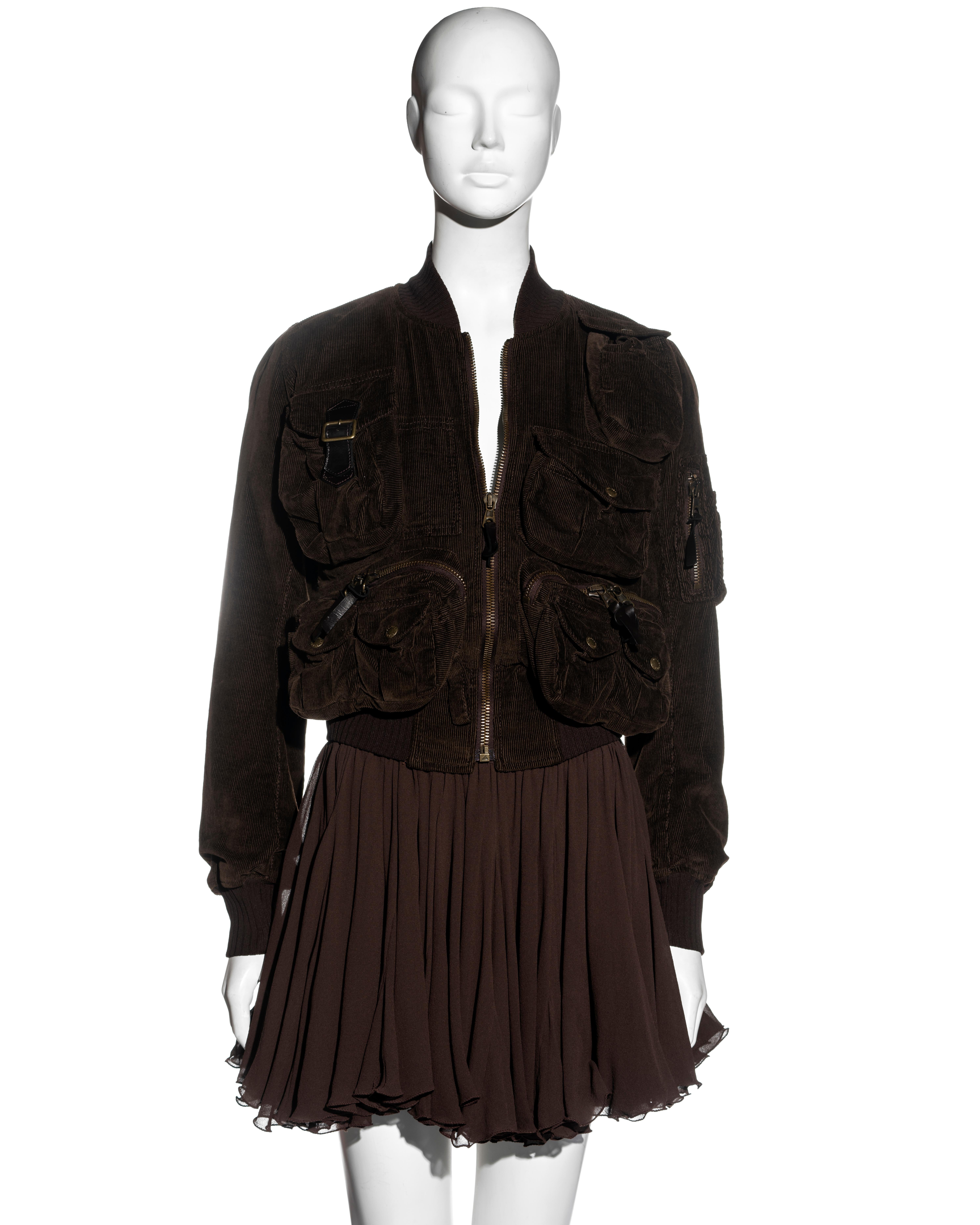 Black Dolce & Gabbana brown corduroy multipocket jacket and mini skirt set, fw 2002 For Sale