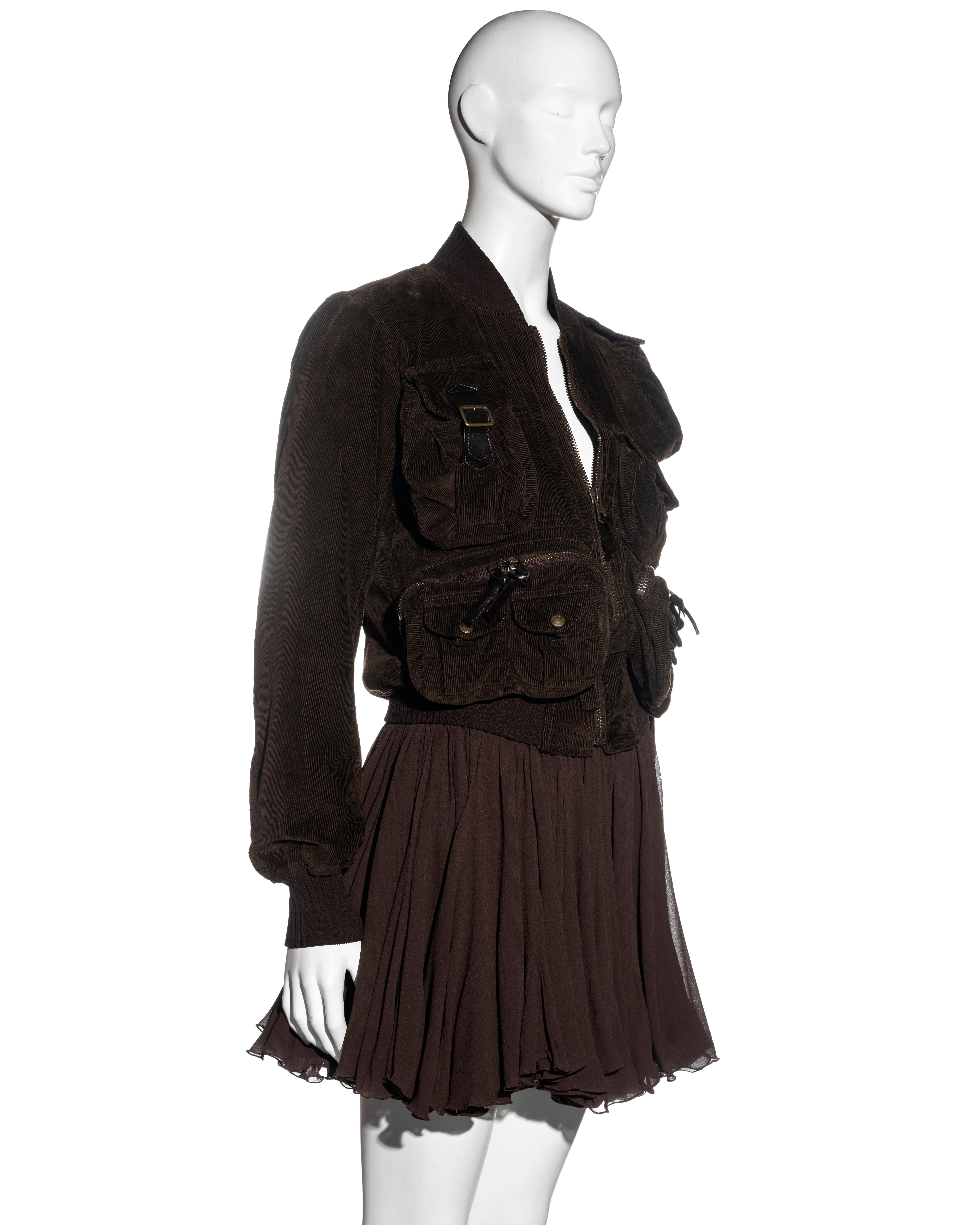 Dolce & Gabbana brown corduroy multipocket jacket and mini skirt set, fw 2002 In Excellent Condition For Sale In London, GB