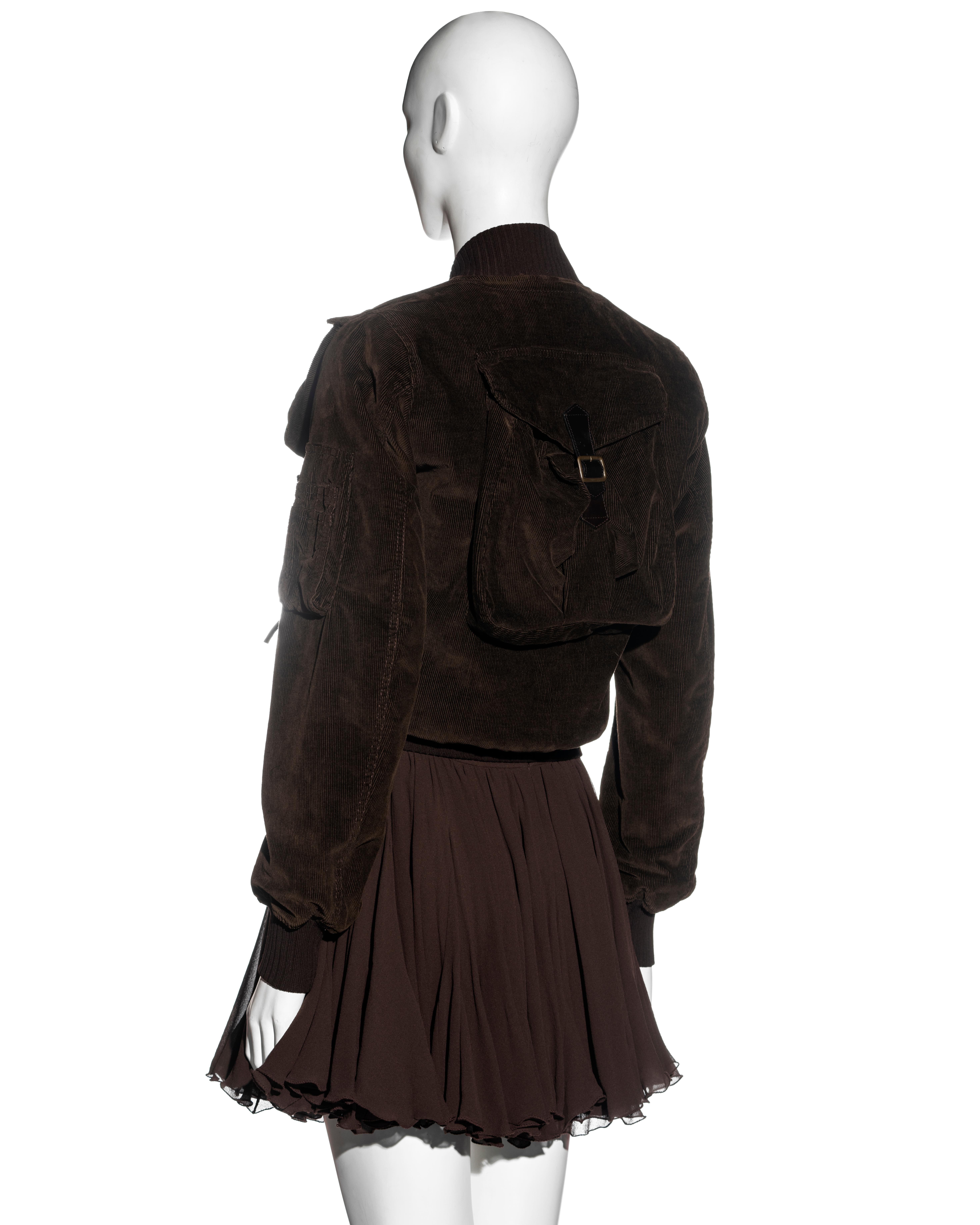 Women's Dolce & Gabbana brown corduroy multipocket jacket and mini skirt set, fw 2002 For Sale