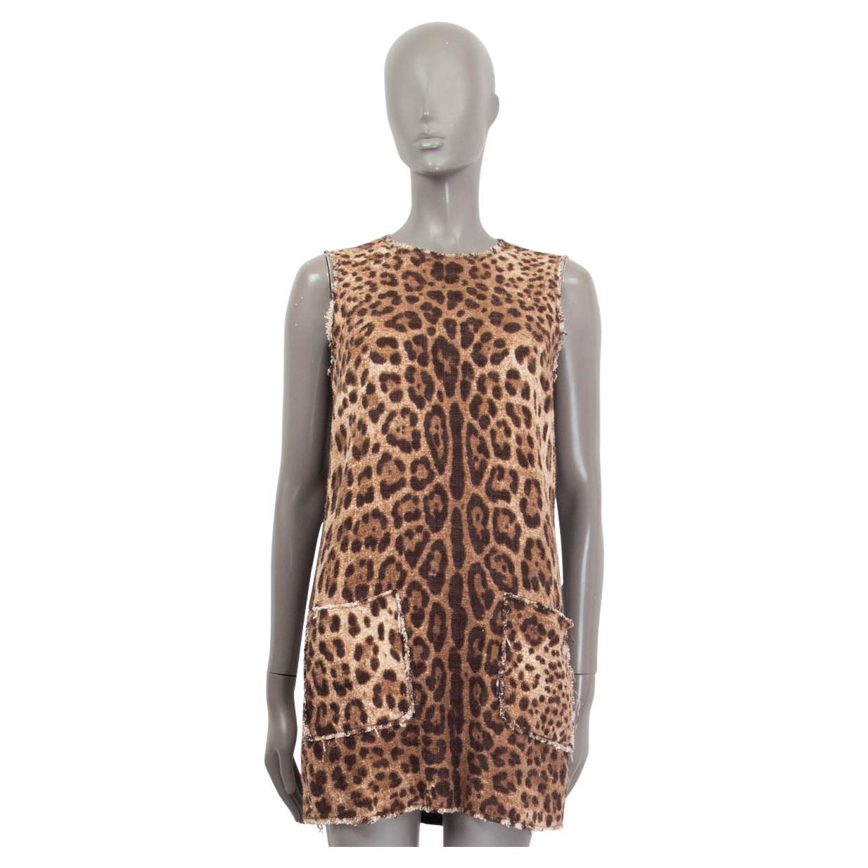 DOLCE & GABBANA brown cotton LEOPARD TWEED SLEEVELESS MINI SHIFT Dress 40 S For Sale