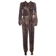 Dolce & Gabbana Brown Crepe Leopard Print Button Front Jumpsuit XS