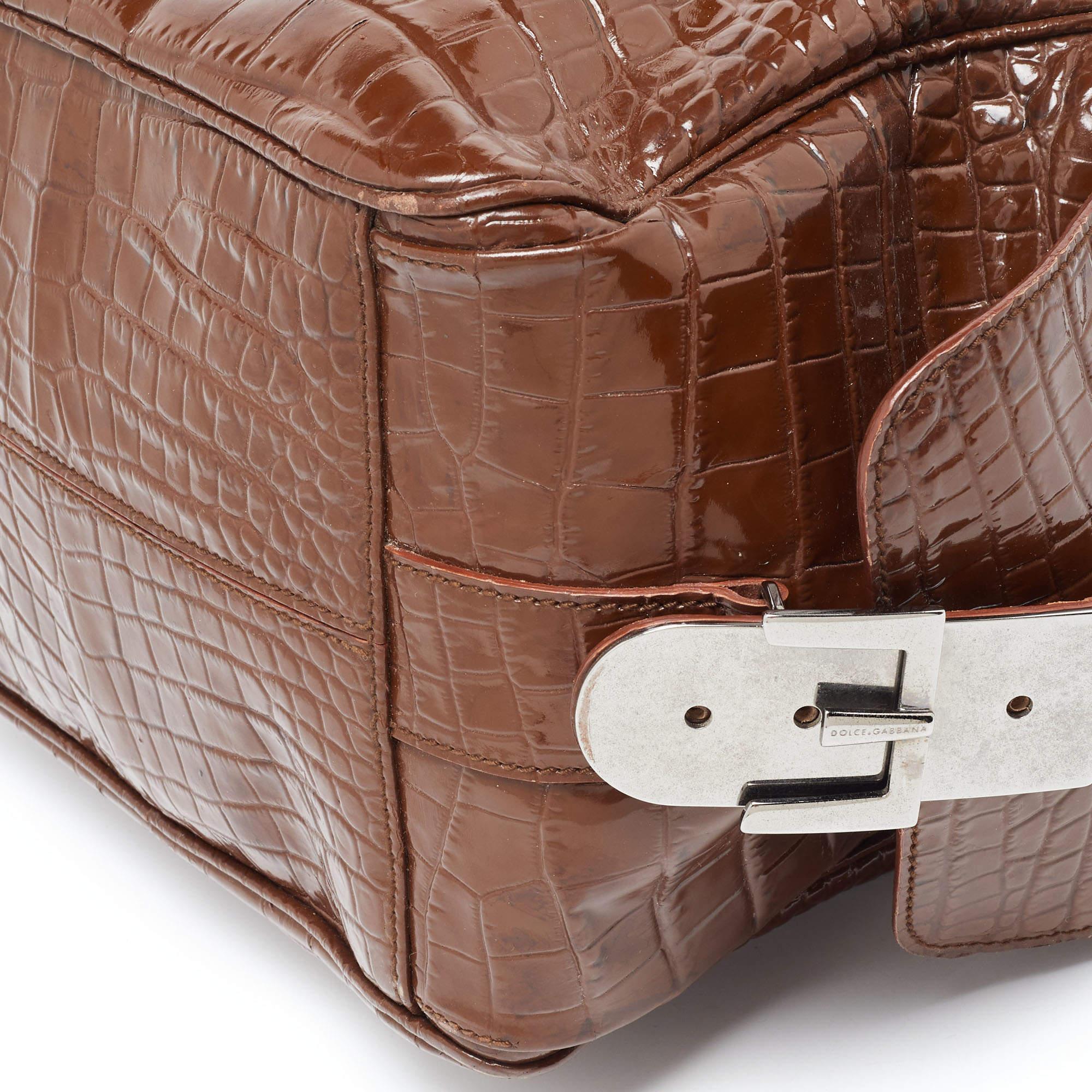 Dolce & Gabbana Brown Croc Geprägtes Lackleder Miss Double Tasche im Angebot 15