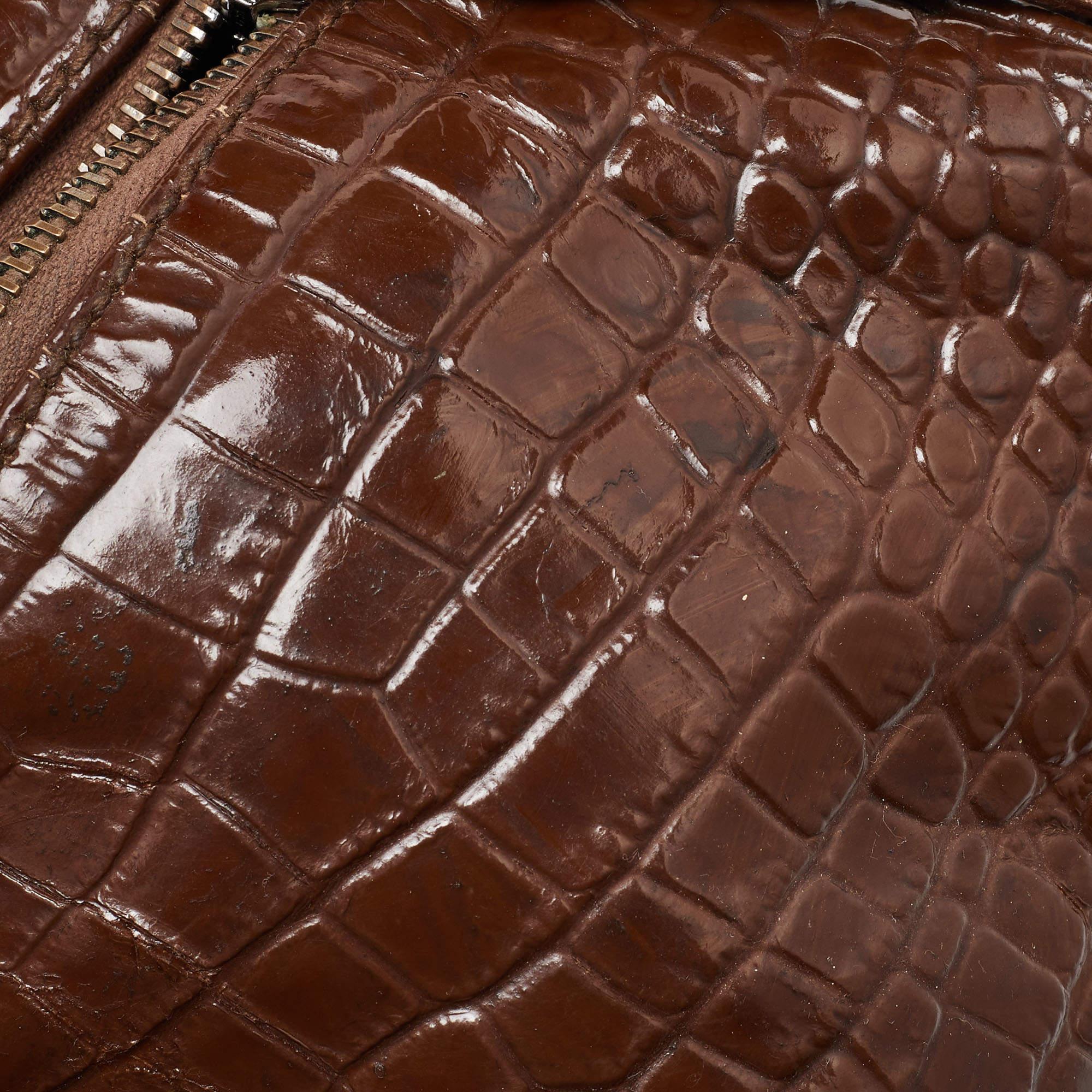 Dolce & Gabbana Brown Croc Embossed Patent Leather Miss Double Bag For Sale 3