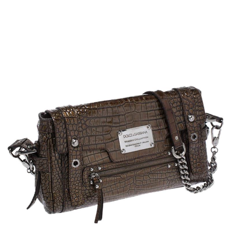 Dolce & Gabbana Brown Croc Embossed Patent Leather Miss Easy Way Shoulder Bag For Sale 2