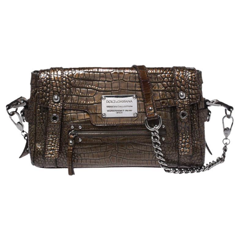 Dolce & Gabbana Brown Croc Embossed Patent Leather Miss Easy Way Shoulder Bag For Sale