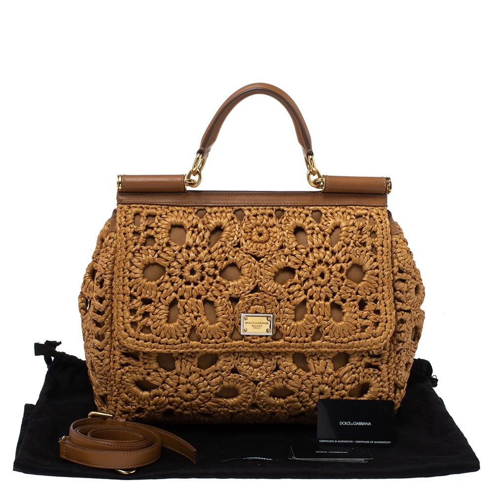 Dolce & Gabbana Brown Crochet Raffia Large Miss Sicily Top Handle Bag 4