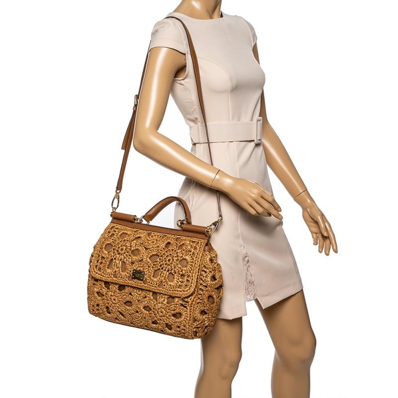 Dolce & Gabbana Brown Crochet Raffia große Miss Sicily Top Handle Bag (Braun)