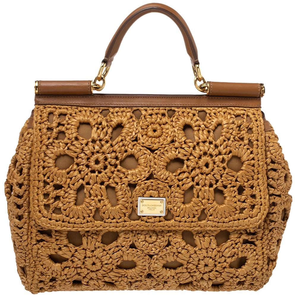 Dolce & Gabbana Brown Crochet Raffia Large Miss Sicily Top Handle Bag