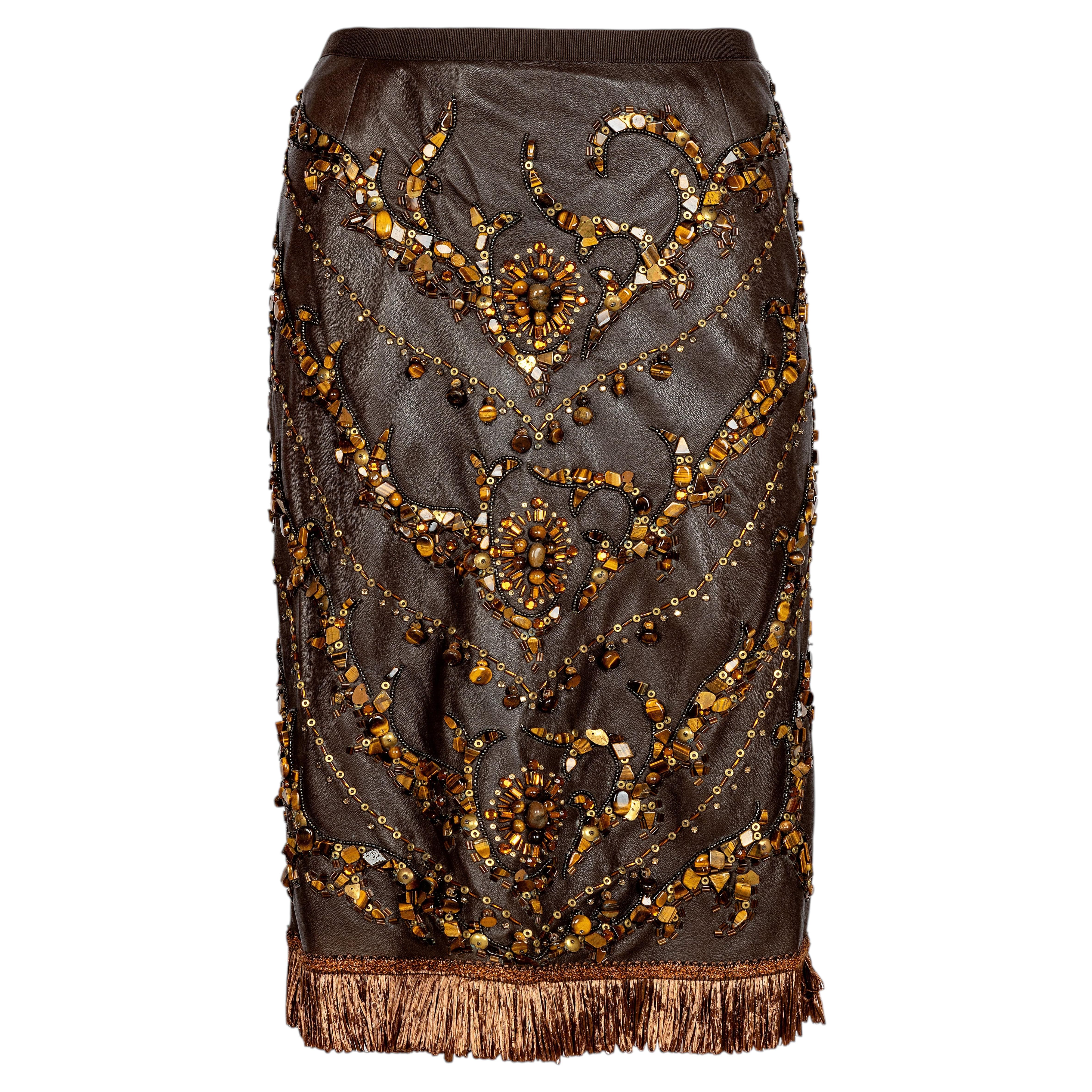 Dolce & Gabbana Women's Brown Leather Skirt with Bead Embellishments