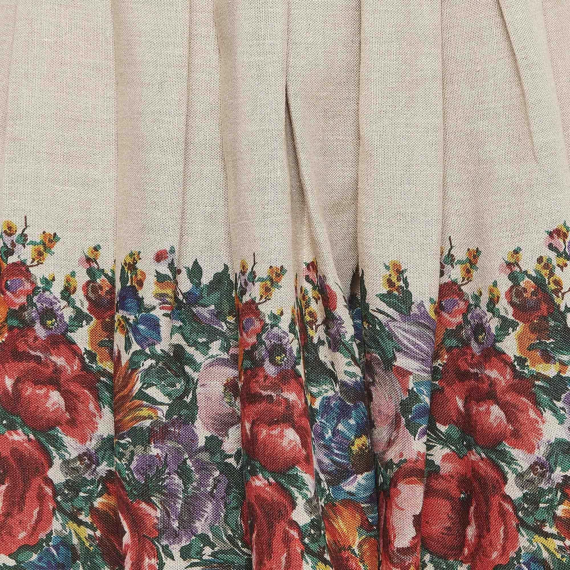 Dolce & Gabbana Brown Floral Print Linen Gathered Midi Skirt S In Good Condition For Sale In Dubai, Al Qouz 2