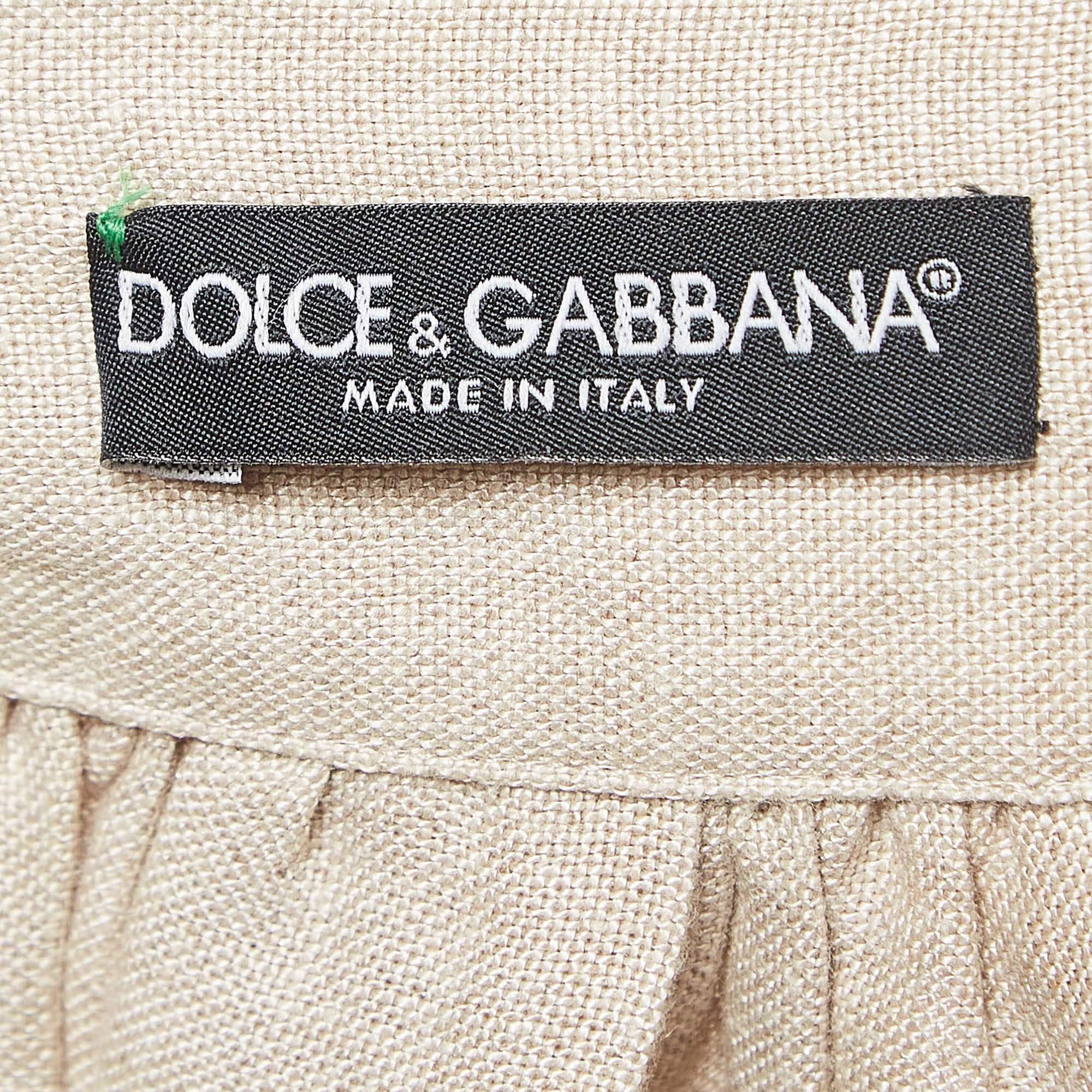 Dolce & Gabbana Brauner Leinen-Mittelrock mit Blumendruck und Raffungen S im Angebot 1