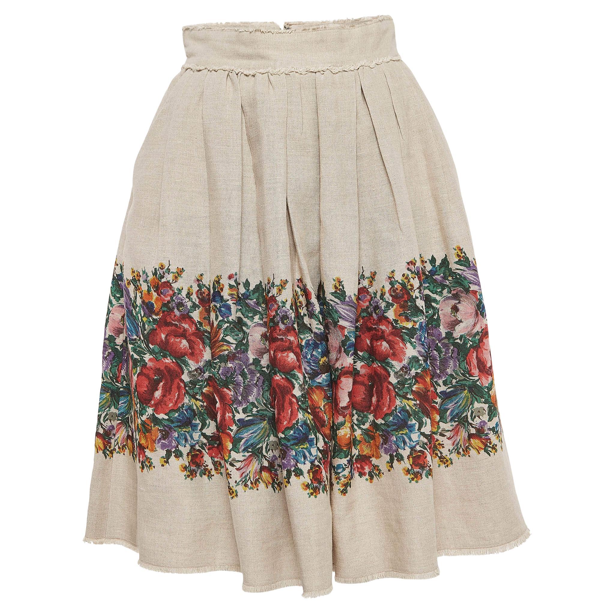 Dolce & Gabbana Brown Floral Print Linen Gathered Midi Skirt S For Sale