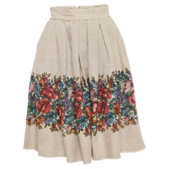 Dolce & Gabbana Brown Floral Print Linen Gathered Midi Skirt S