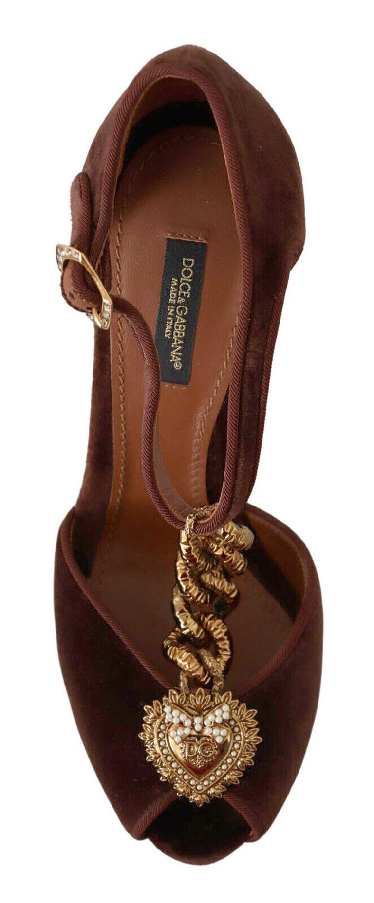Dolce and Gabbana Brown Gold Cloth Leather Devotion Chaussures Pompes  Talons Avec Coeur En vente sur 1stDibs