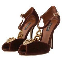 Dolce & Gabbana Brown Gold Cloth Leather Devotion Pumps Shoes Heels With Heart 