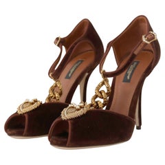 Dolce & Gabbana Brown Gold Cloth Leather Devotion Pumps Shoes Heels With Heart