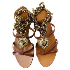Dolce & Gabbana Brown Gold Leather Devotion Ankle Strap Sandals Flats Shoes 