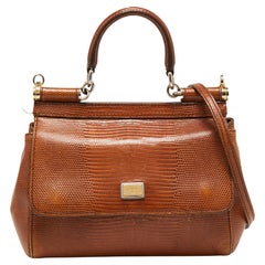 Dolce & Gabbana - Borsa piccola Miss Sicily con manico superiore in pelle marrone Iguana in rilievo