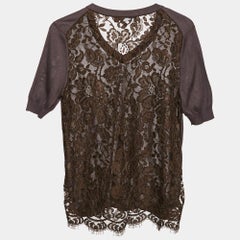 Dolce & Gabbana Brown Jersey and Lace V-Neck Top S
