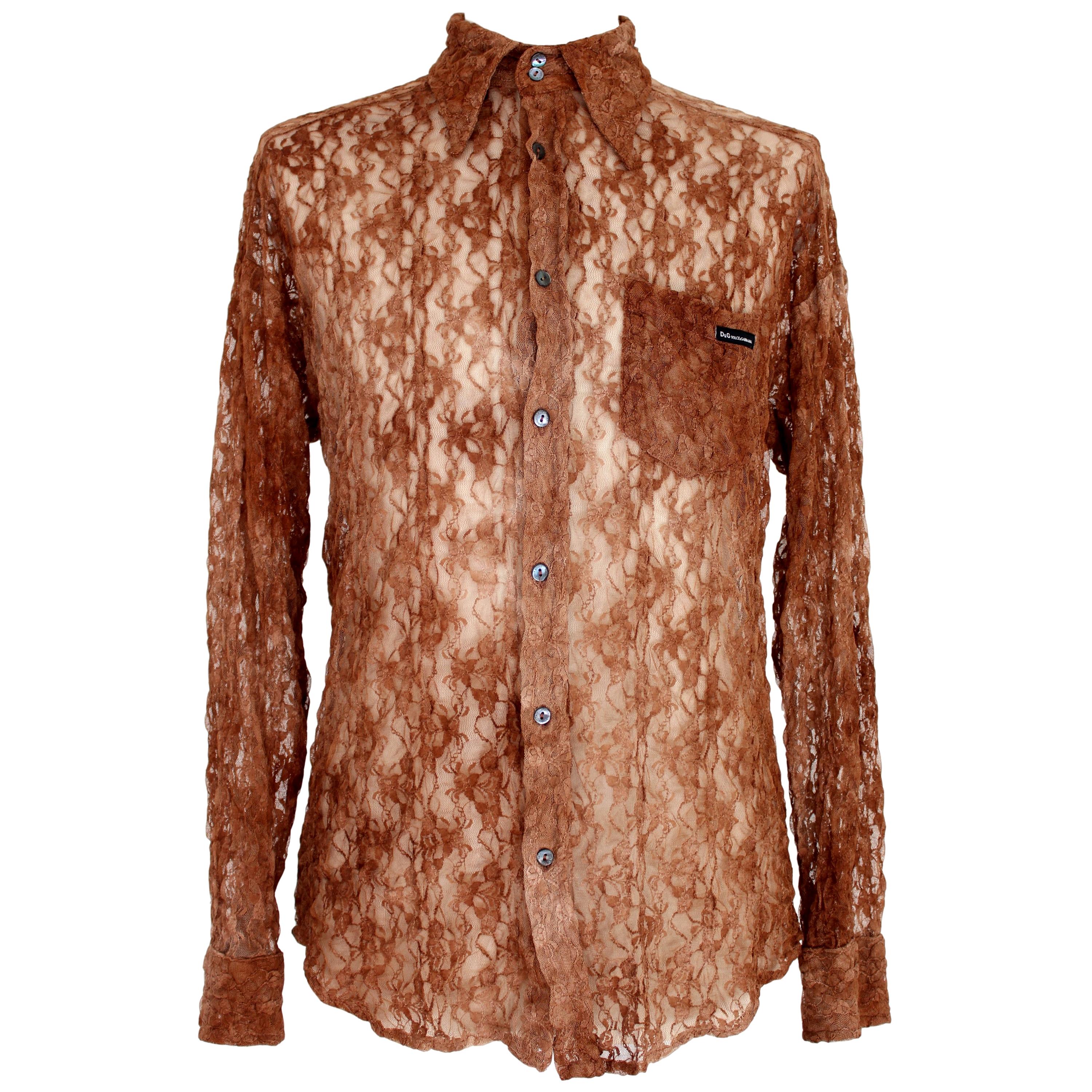Dolce 
Gabbana Brown Lace Cotton Shirt Men
s 2000s