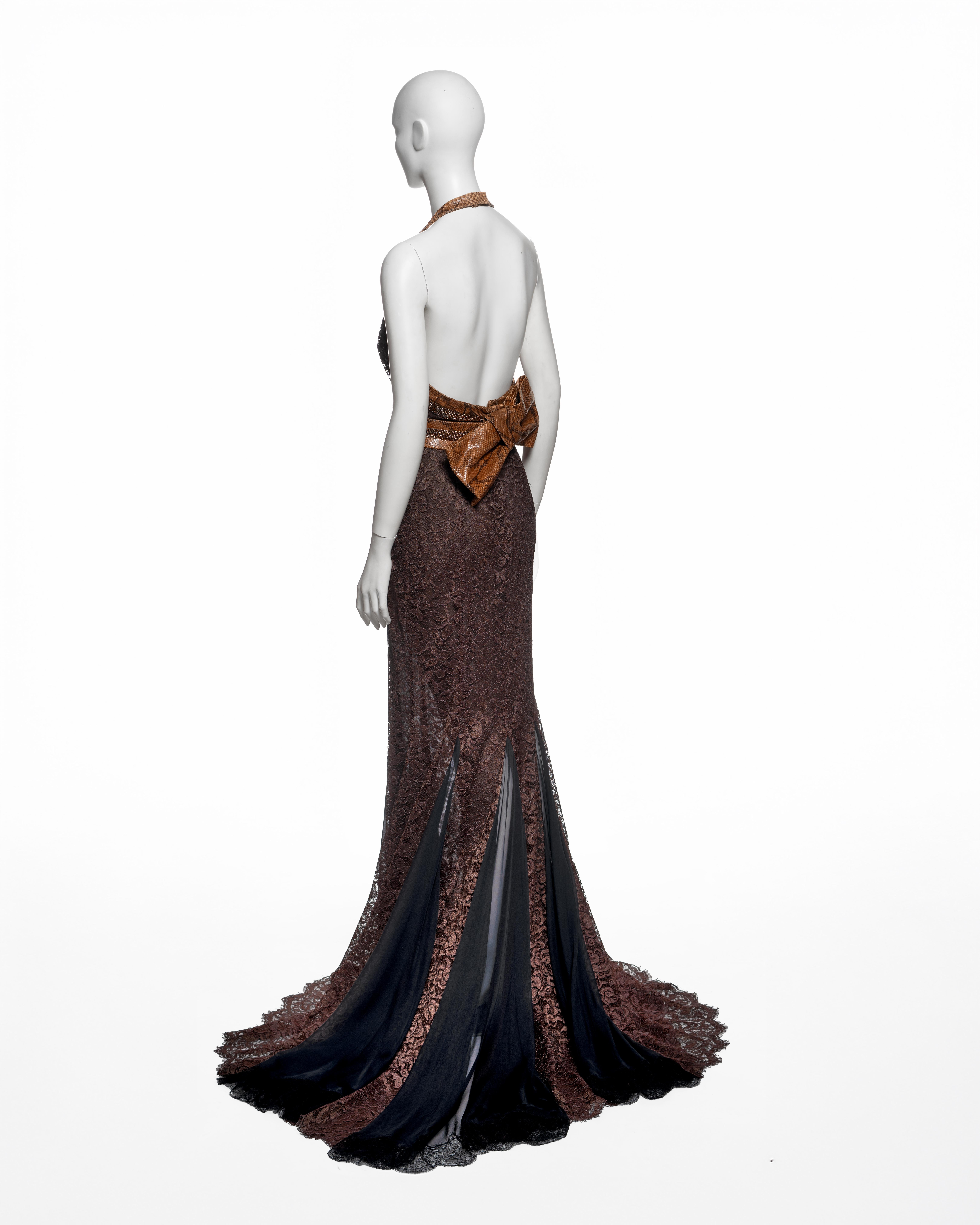 Dolce & Gabbana - Vestito da sera in pizzo marrone con cintura in pelle di serpente, SS 2005 in vendita 7