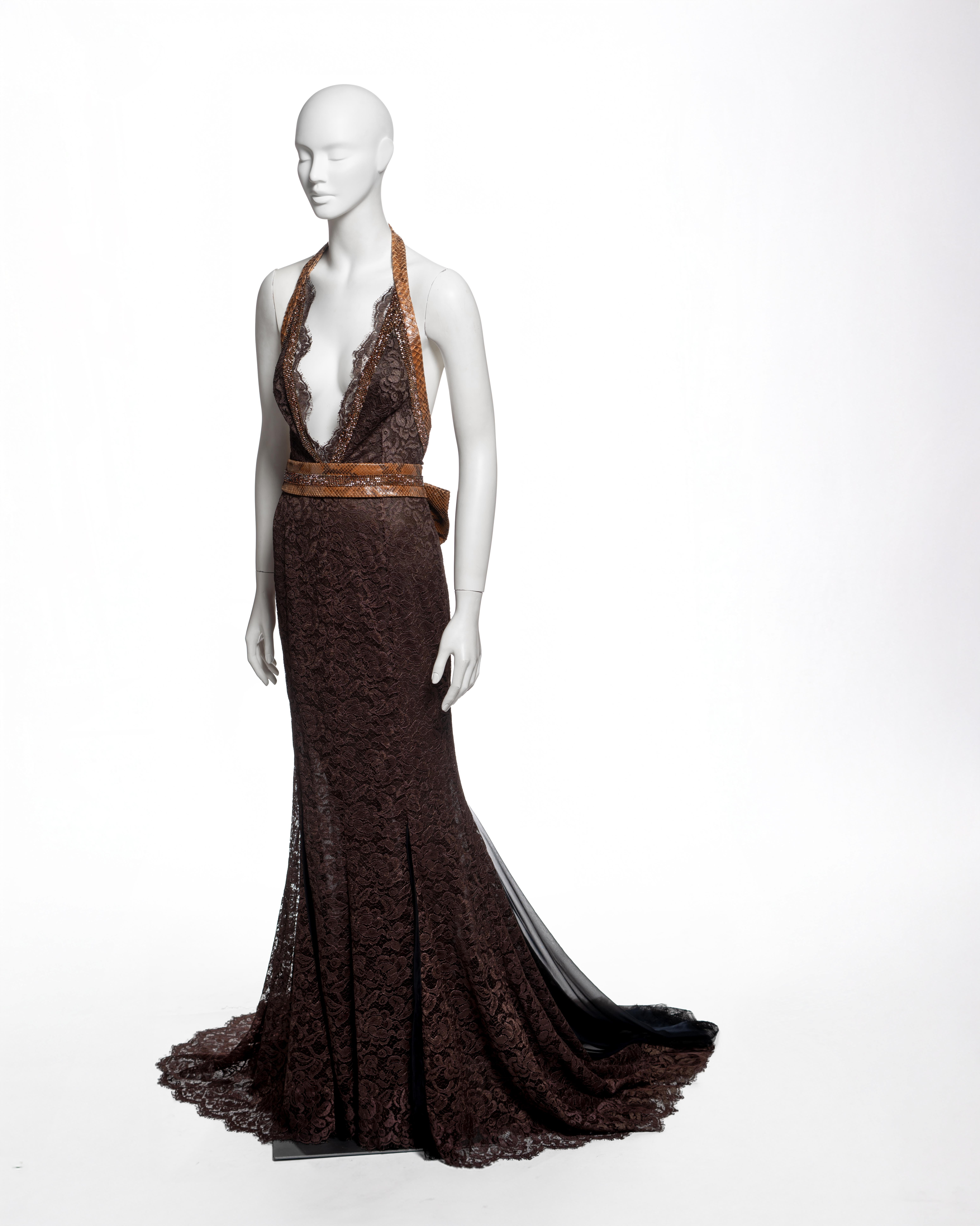 Dolce & Gabbana - Vestito da sera in pizzo marrone con cintura in pelle di serpente, SS 2005 in vendita 8