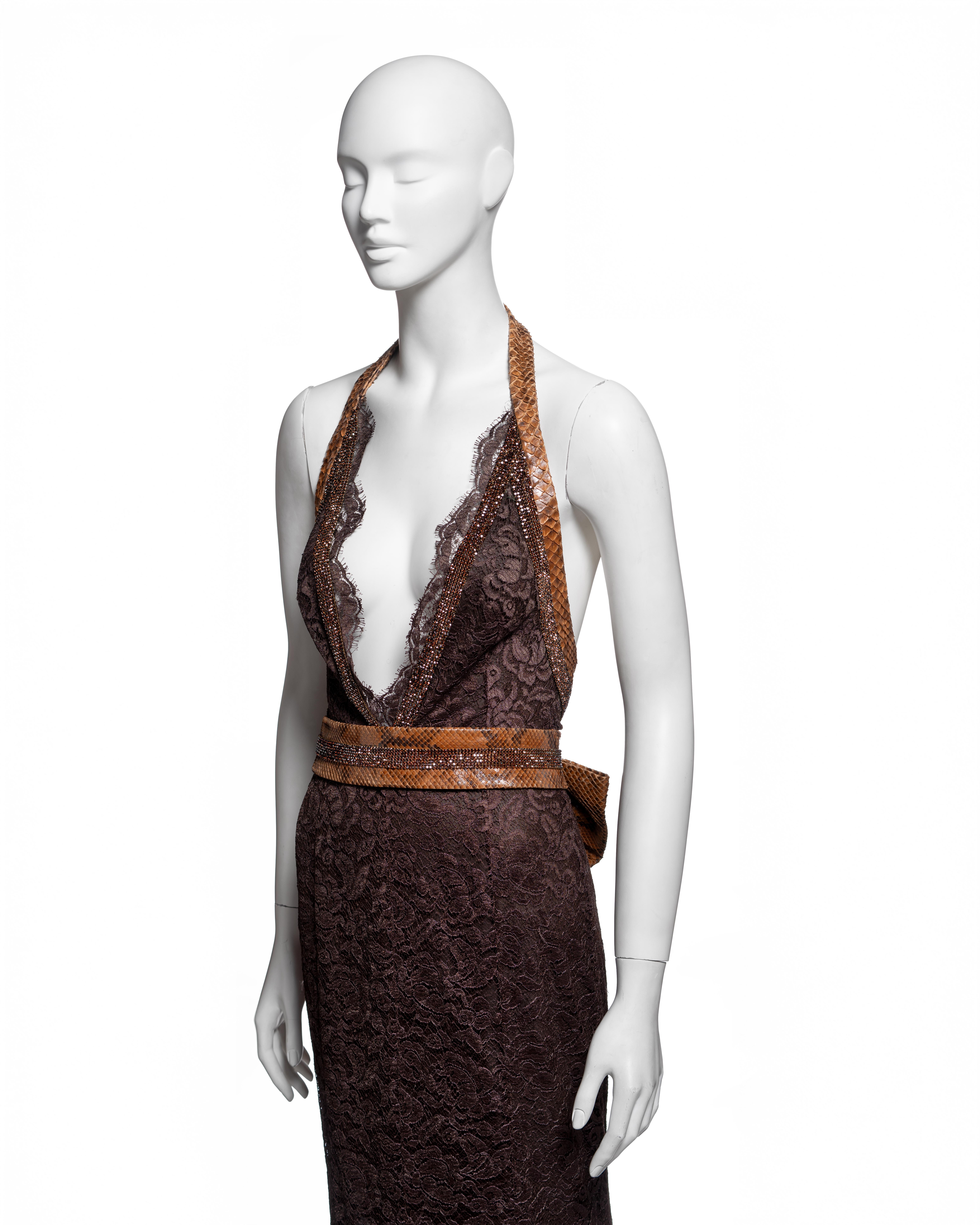 Dolce & Gabbana - Vestito da sera in pizzo marrone con cintura in pelle di serpente, SS 2005 in vendita 9