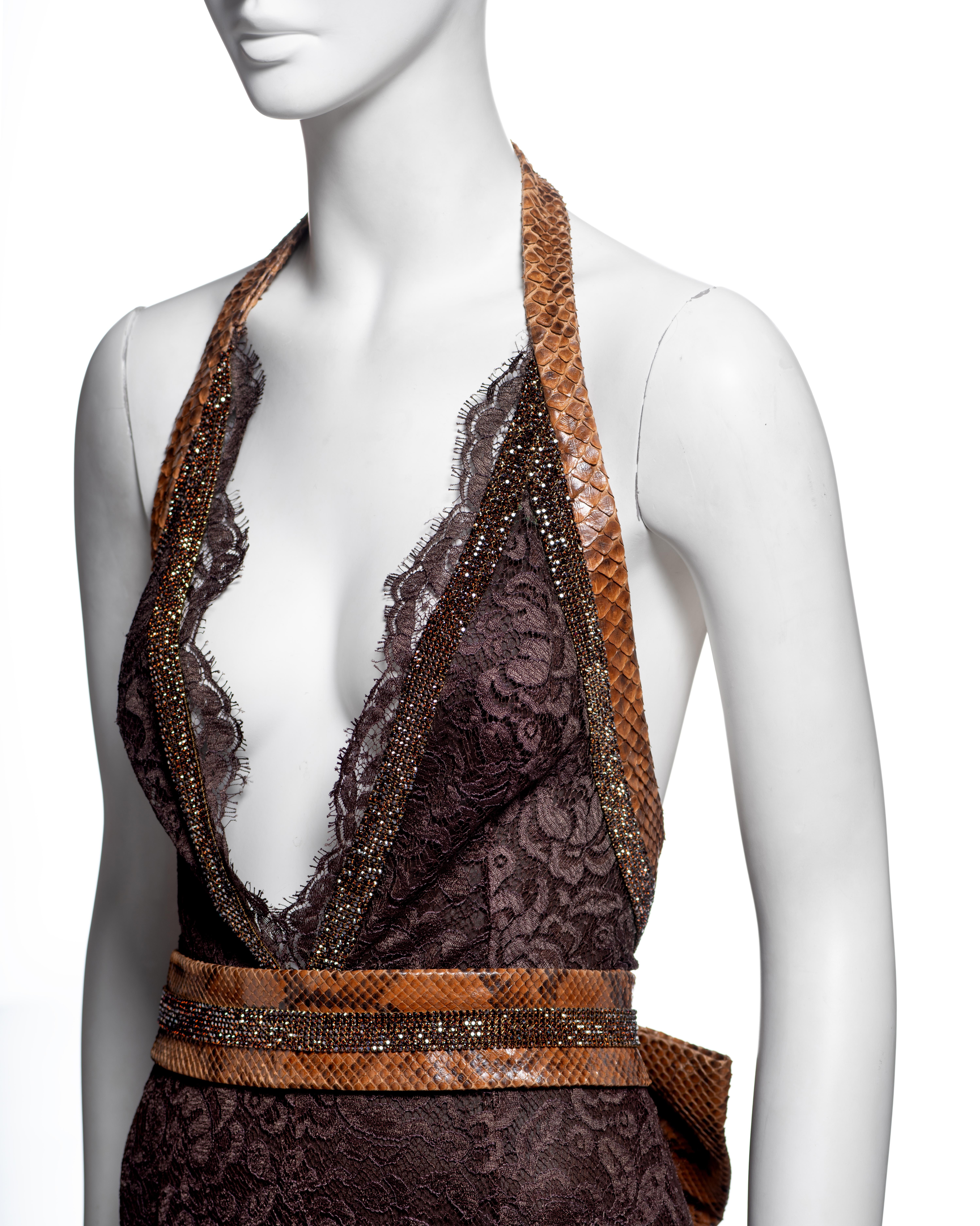 Dolce & Gabbana - Vestito da sera in pizzo marrone con cintura in pelle di serpente, SS 2005 in vendita 10