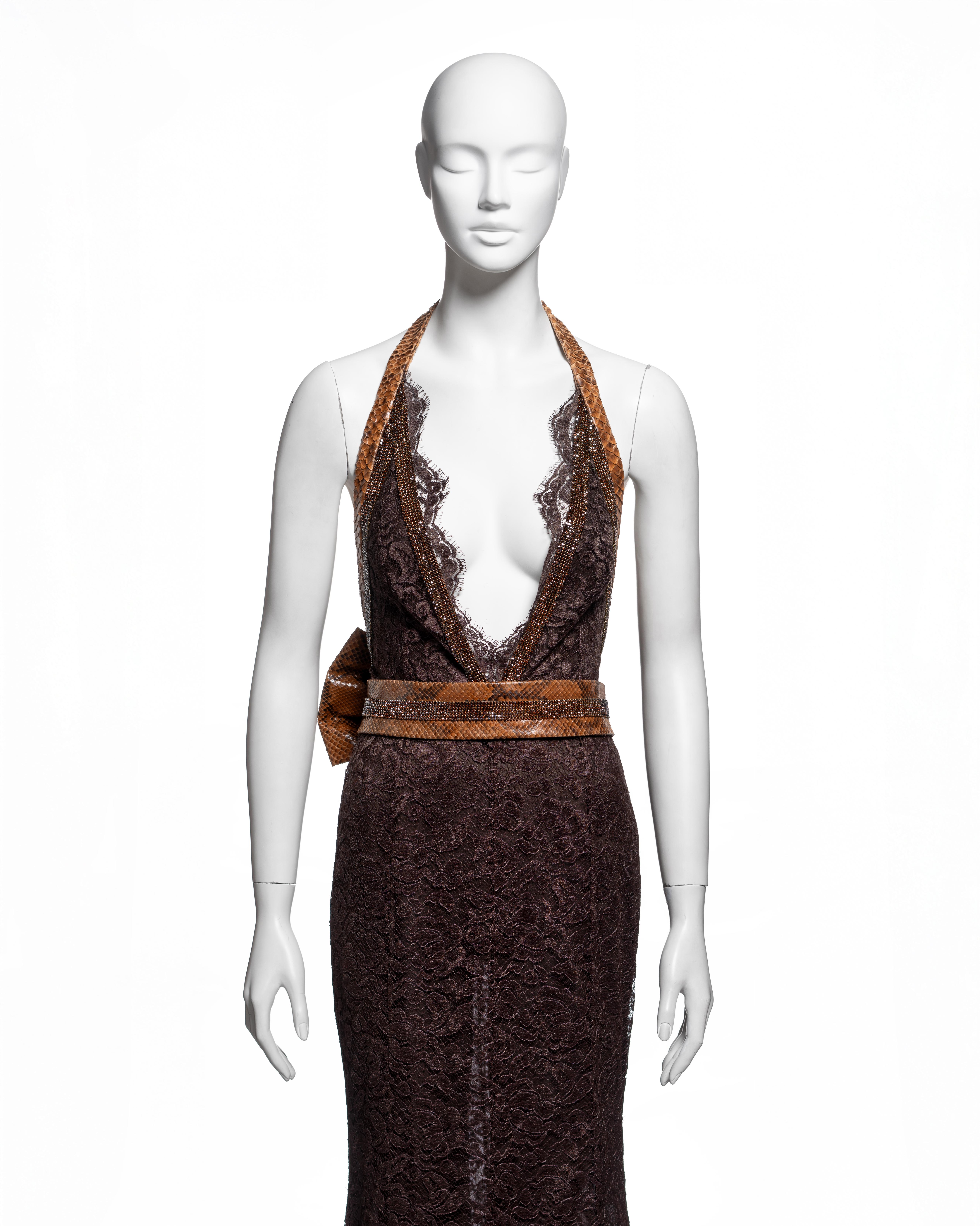 Nero Dolce & Gabbana - Vestito da sera in pizzo marrone con cintura in pelle di serpente, SS 2005 in vendita