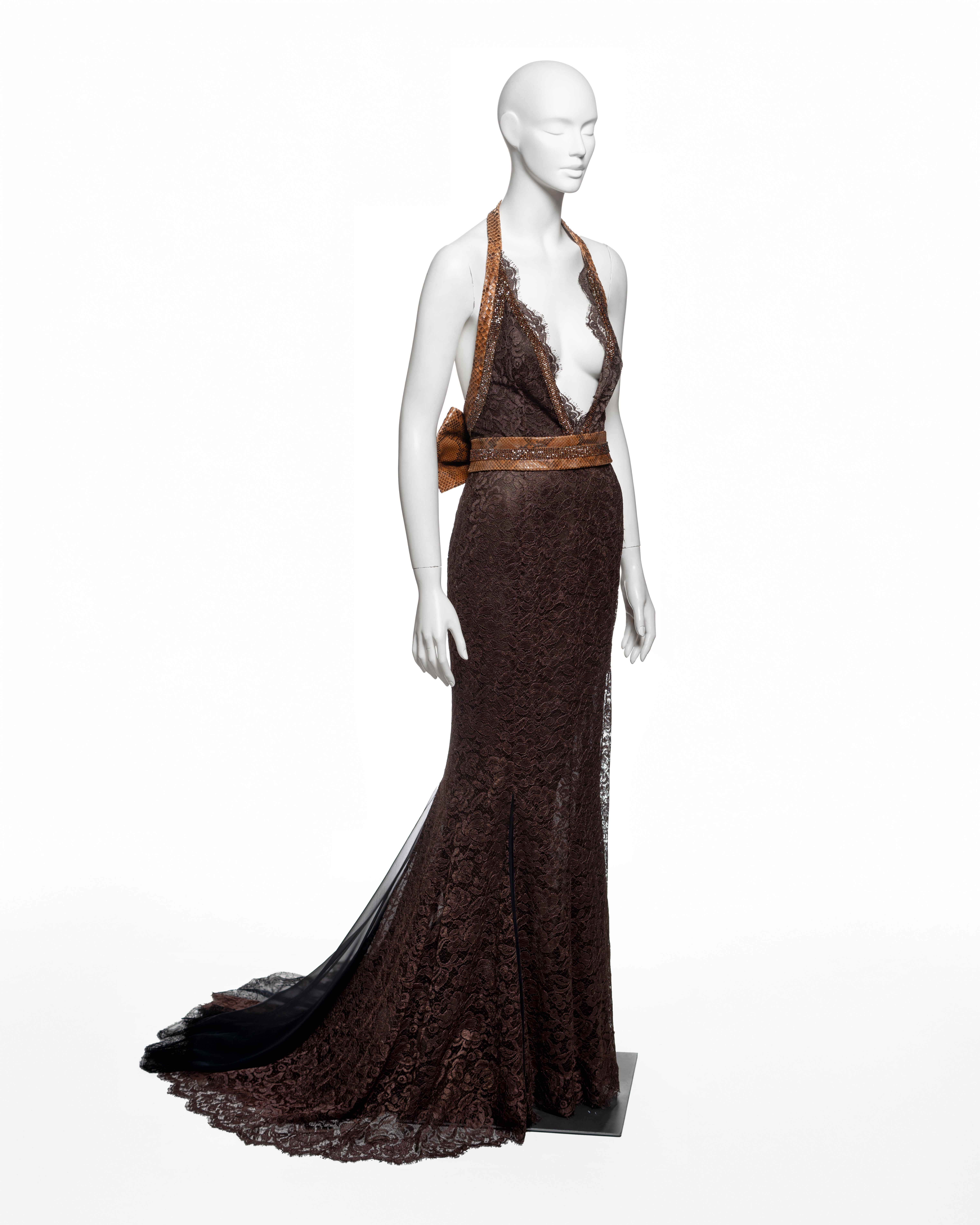 Dolce & Gabbana - Vestito da sera in pizzo marrone con cintura in pelle di serpente, SS 2005 in vendita 1