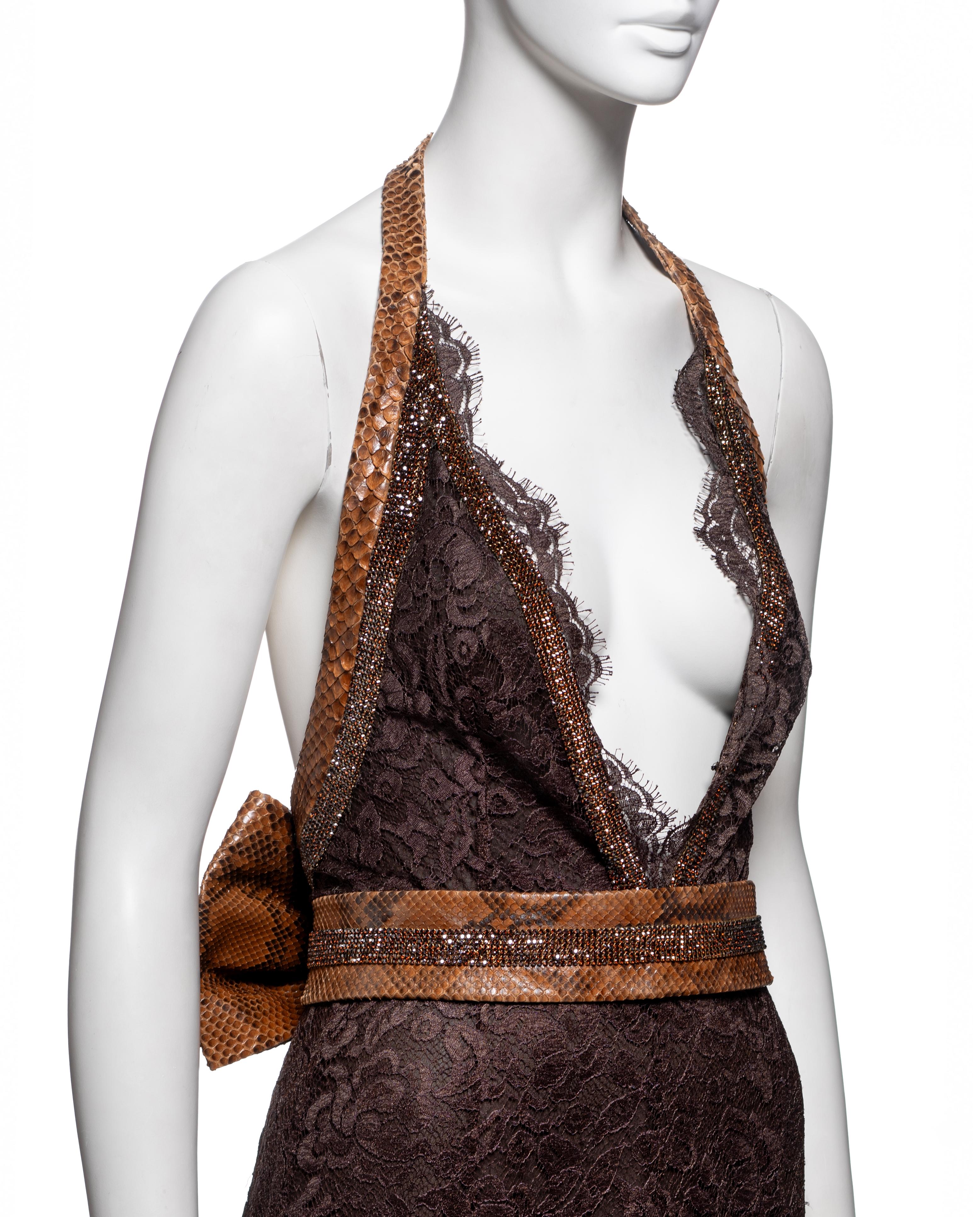 Dolce & Gabbana - Vestito da sera in pizzo marrone con cintura in pelle di serpente, SS 2005 in vendita 3