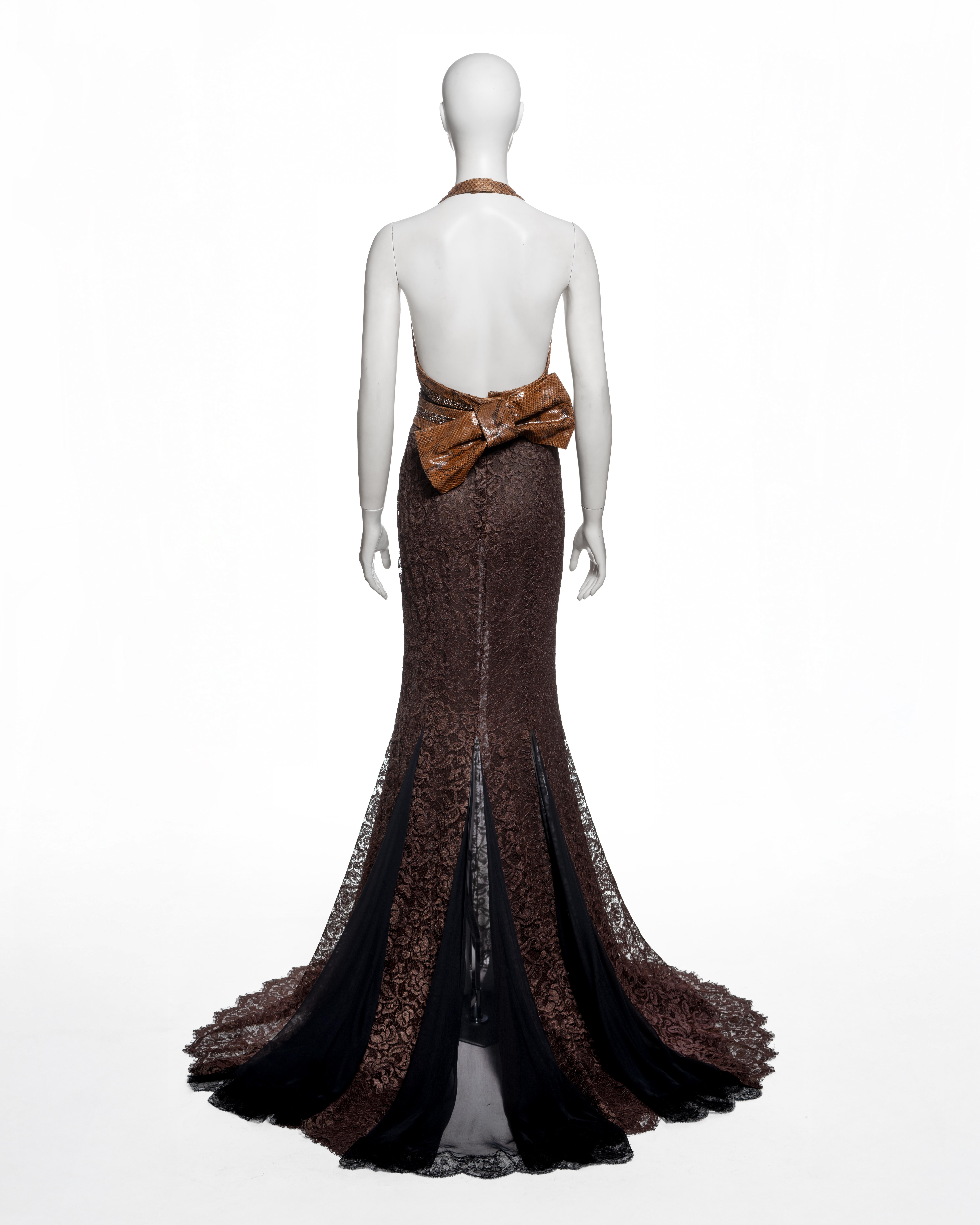 Dolce & Gabbana - Vestito da sera in pizzo marrone con cintura in pelle di serpente, SS 2005 in vendita 4